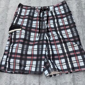 Kirra Board Trunk Shorts Mens 33 Blue‎ Multi Plaid Lace Up Cargo Pocket Swimwear